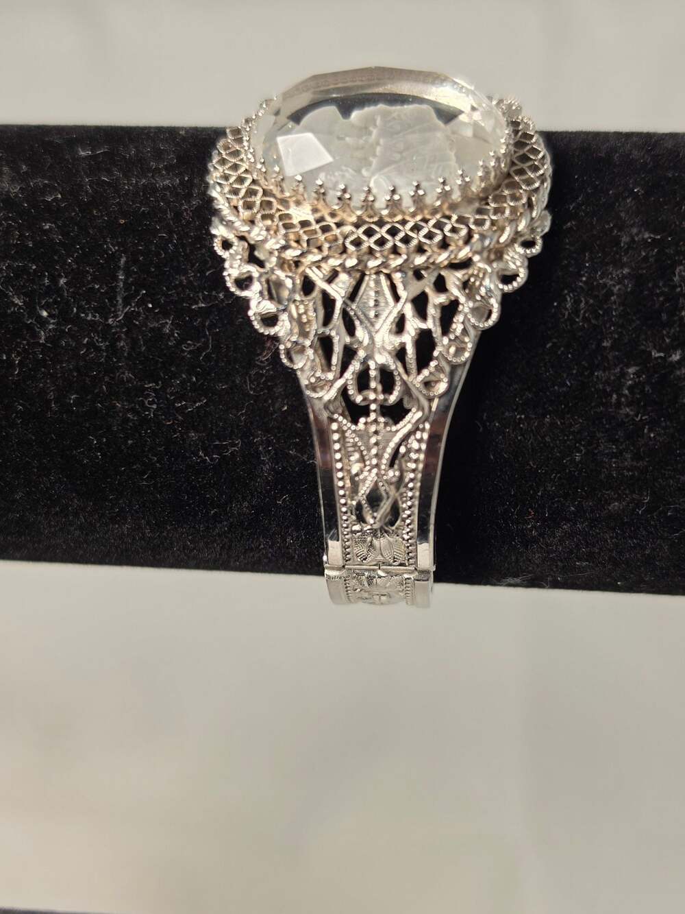 Vintage Whiting & Davis Silver Tone Filigree Hinged Bracelet - Picture 2 of 8